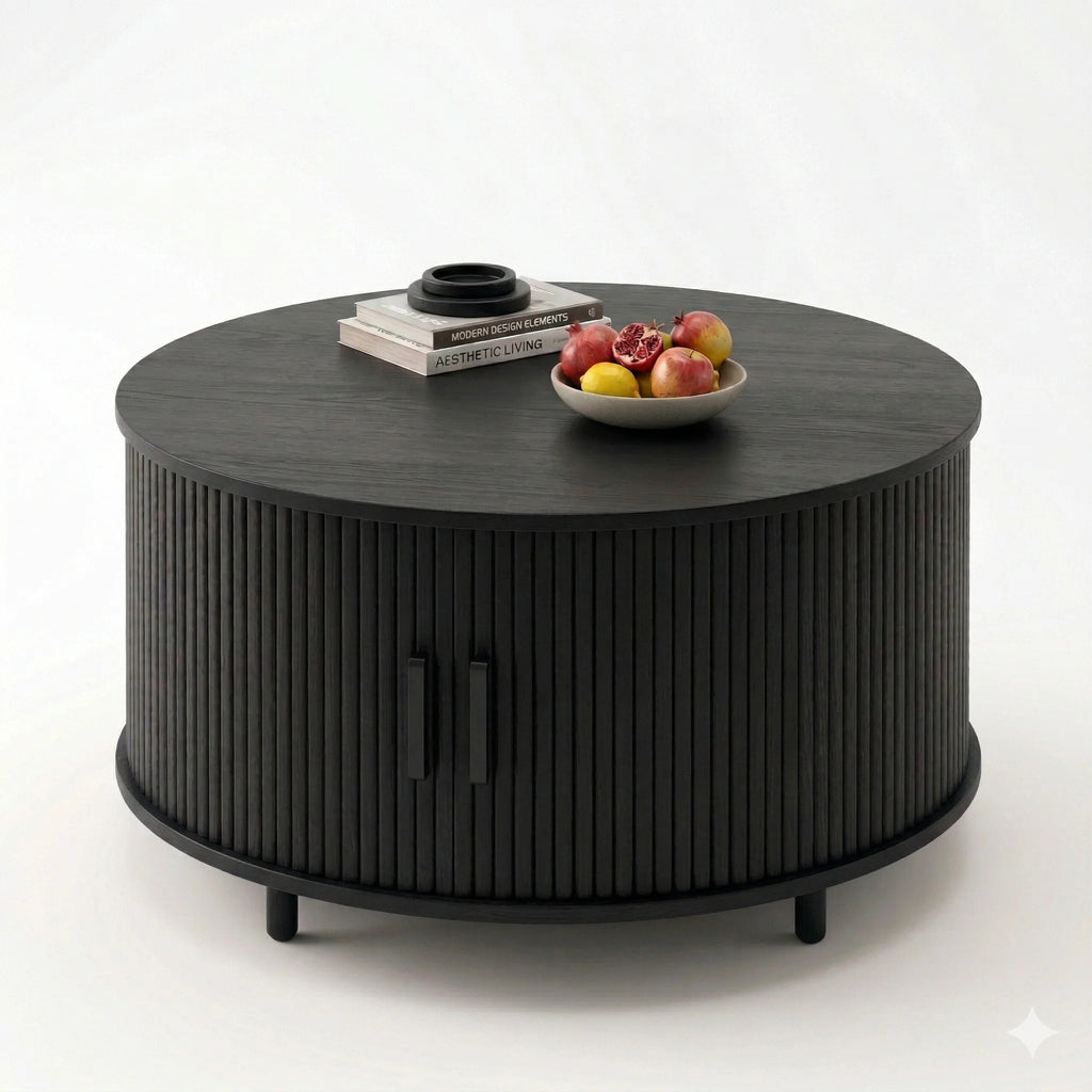 Arlo Round Coffee Table in Obsidian Black - Fluted Design with Hidden Storage