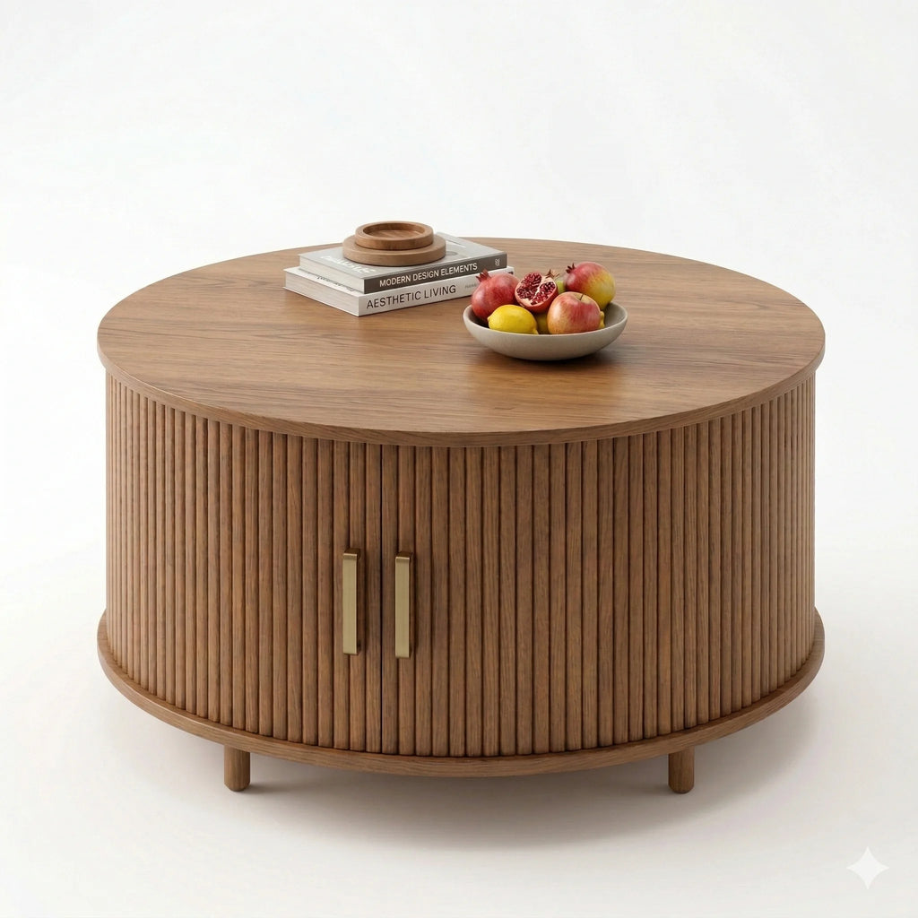 Arlo Round Coffee Table in Walnut - Fluted Design with Hidden Storage