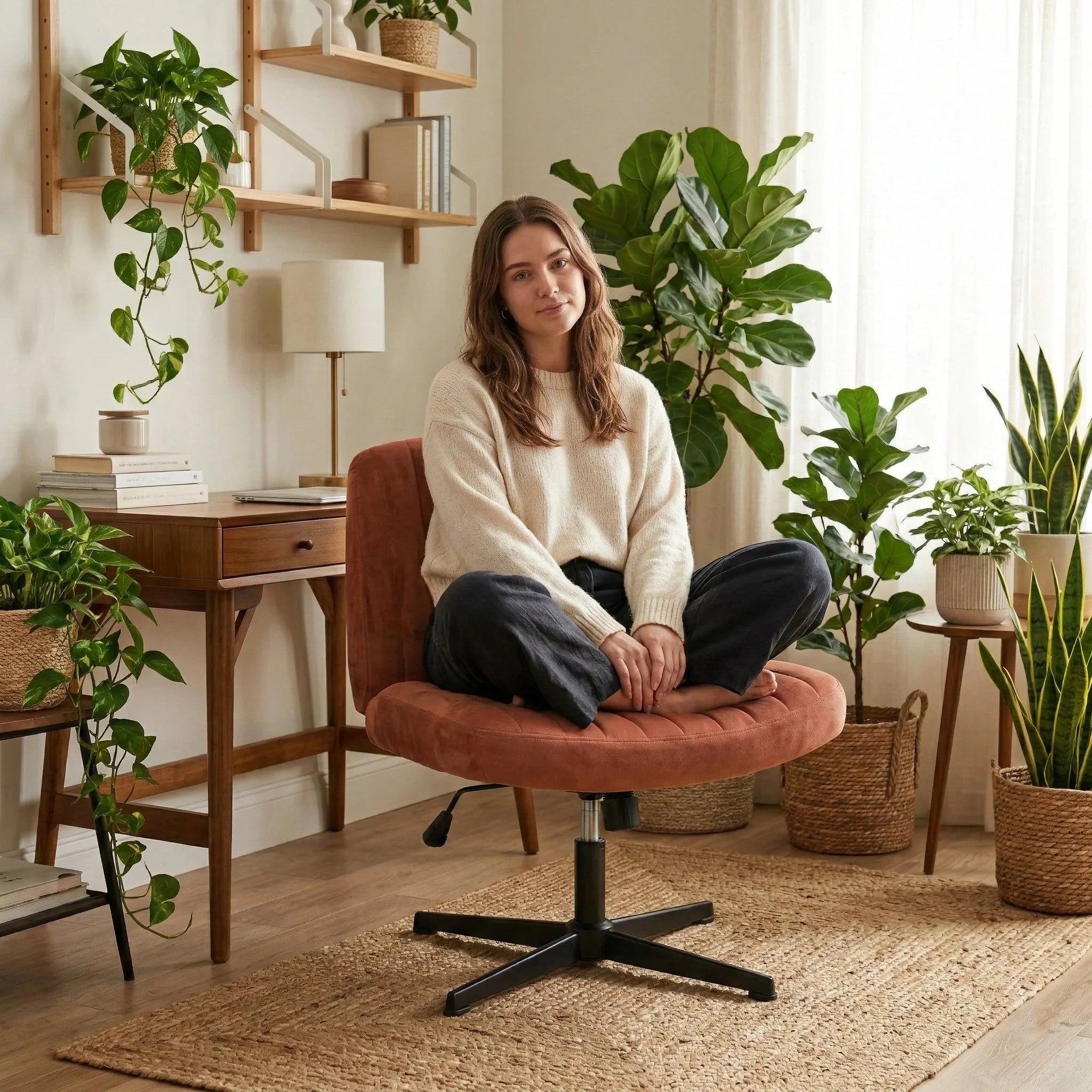 Armless_terracotta_swivel_desk_chair_with_vertical_tufting