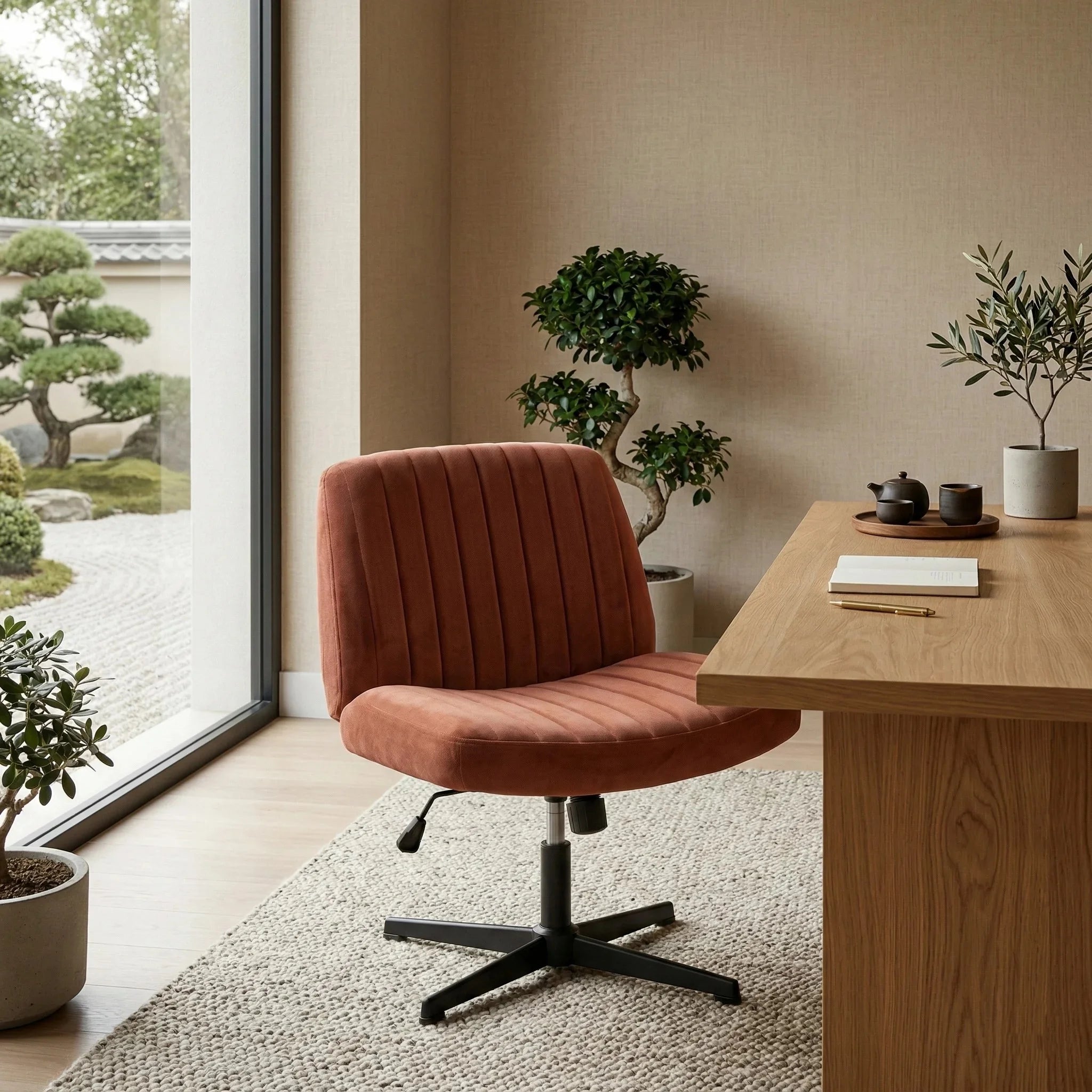 Armless_terracotta_swivel_desk_chair_with_vertical_tufting_next_to_a_light_wood_desk