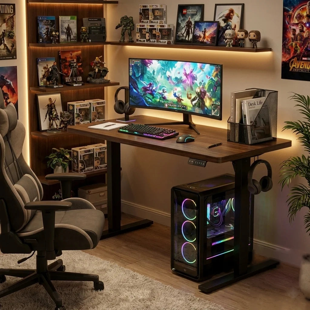 Electric height-adjustable standing desk with dark walnut wood top