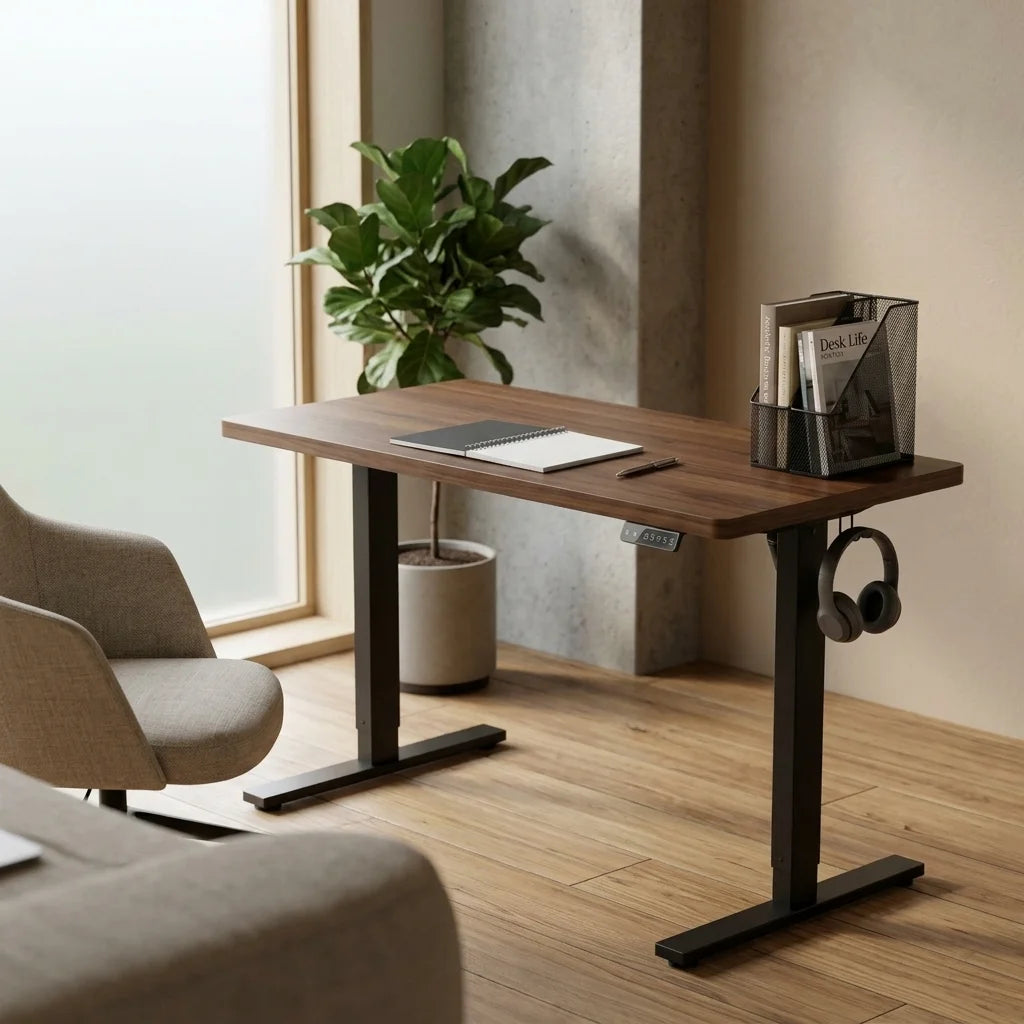 Flow electric standing desk walnut black frame