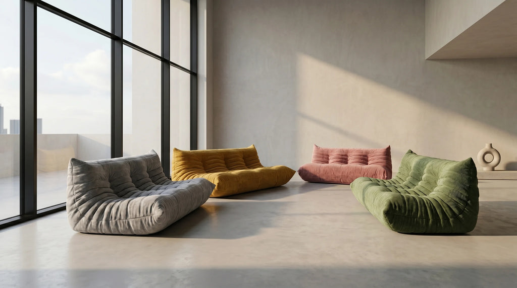 Grey, Yellow, Pink and Green  arranged in a bright minimalist loft with concrete floors