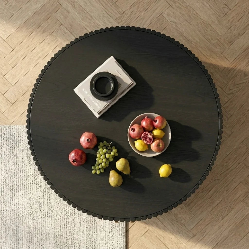 Round fluted coffee table black top view