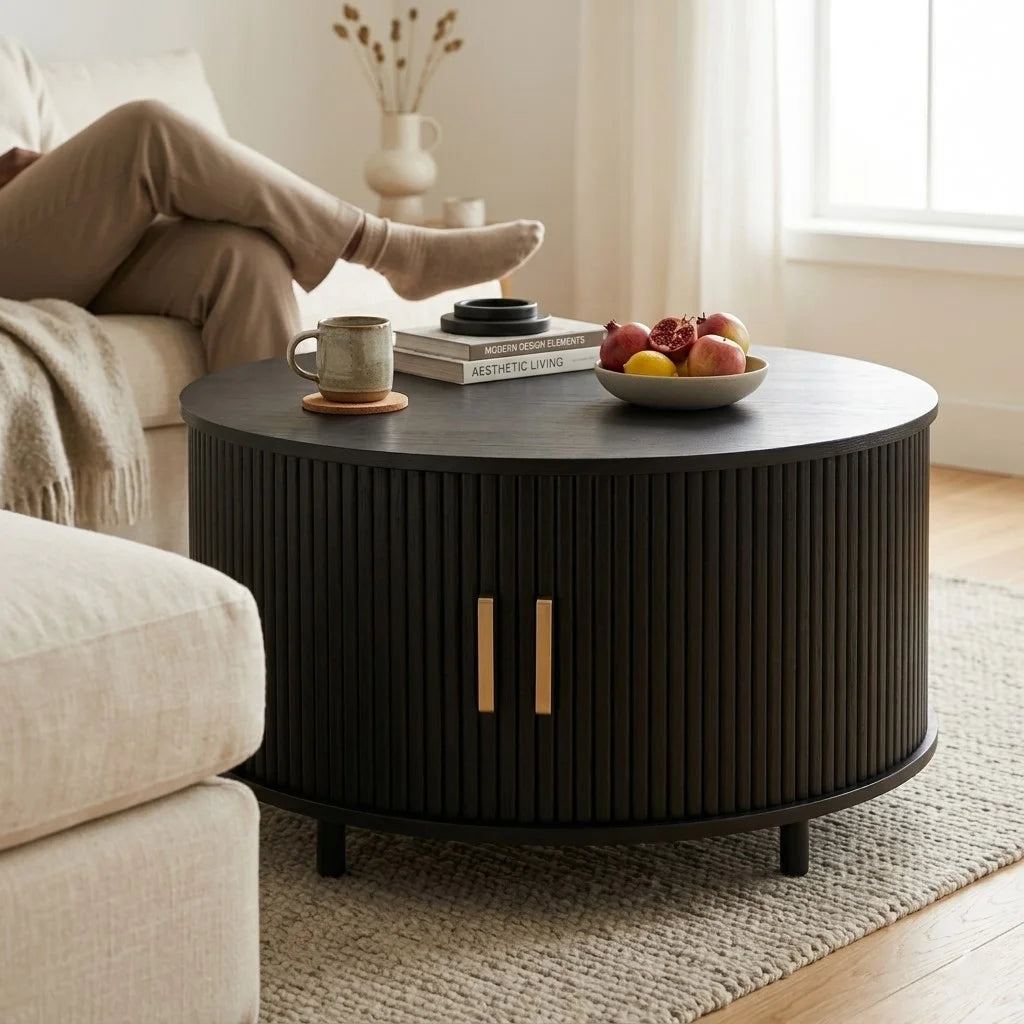 Round fluted coffee table in black styled in a modern minimalist living room
