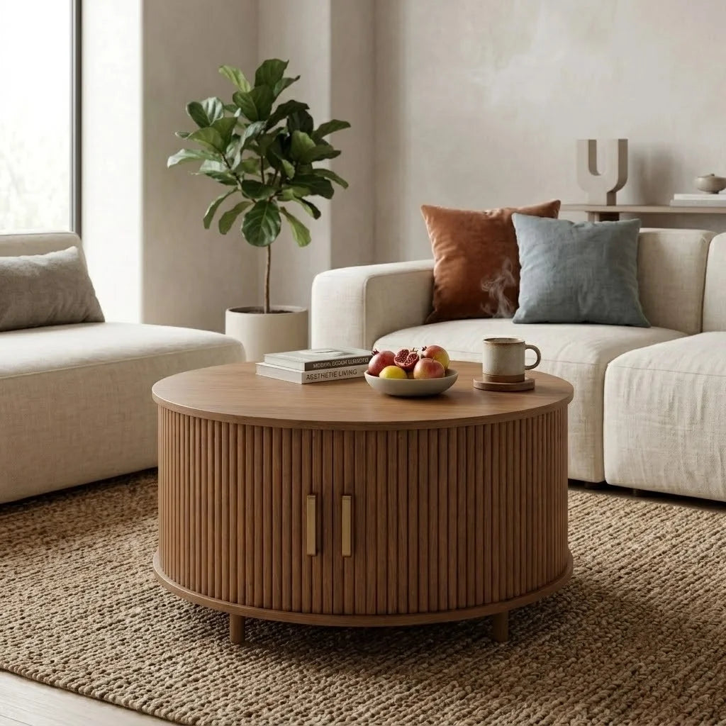 Round fluted coffee table natural oak with storage, boho living room