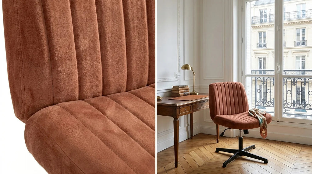 Split_image_showing_the_close-up_channel_tufting_detail_of_a_terracotta_velvet_swivel_criss_cross_chair_and_lifestyle_shot_in_a_classic_parisian_apartment