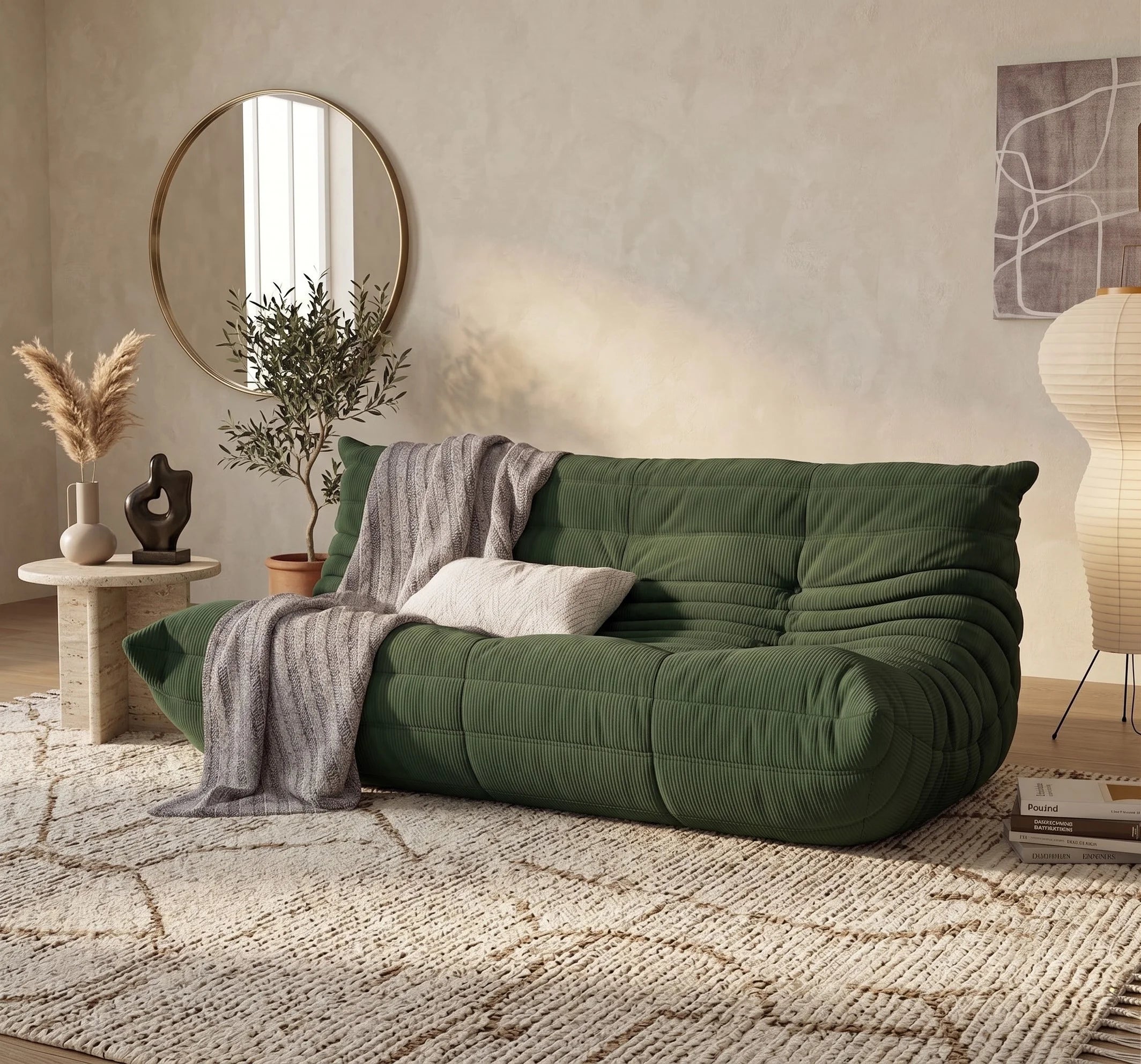 Togo-style corduroy sofa in sage green styled in a cozy boho living room